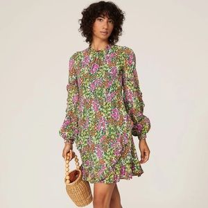 Banjanan Lila Long Sleeve Mini Dress, Green Floral, Small